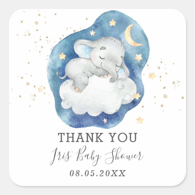Cute Sleeping Elephant Baby Boy Thank You Favour Square Sticker (Front)