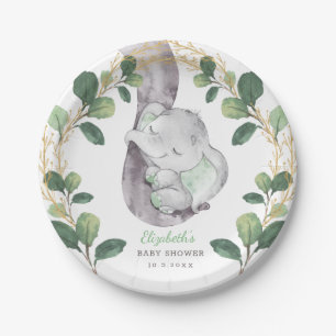 Cute Sleeping Elephant Greenery Gold Baby Shower Paper Plate