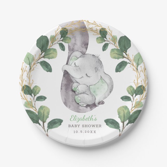 Cute Sleeping Elephant Greenery Gold Baby Shower Paper Plate (Front)