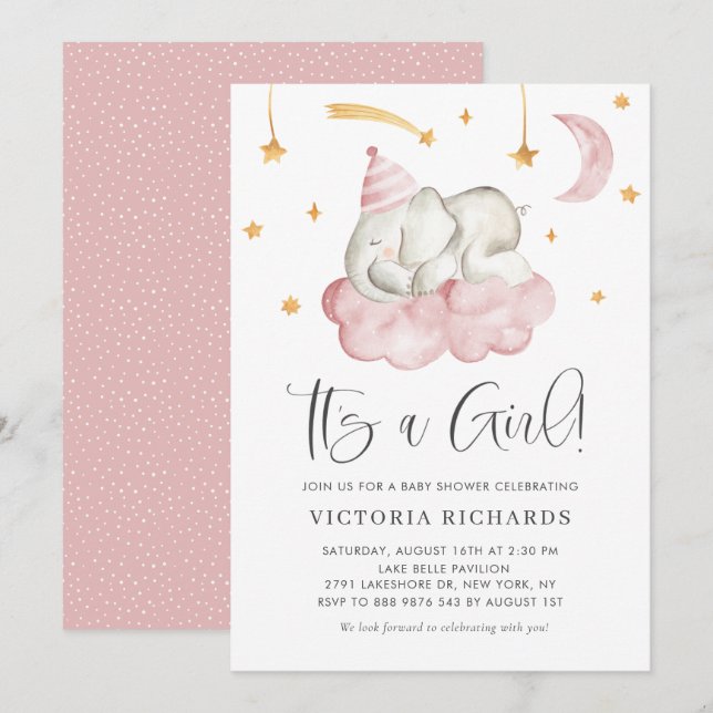 Cute Sleeping Elephant It's a Girl Baby Shower Invitation (Front/Back)