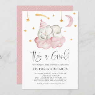 Cute Sleeping Elephant It's a Girl Baby Shower Invitation