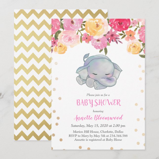 Cute Sleeping Elephant Pink Floral Baby Shower Invitation (Front/Back)