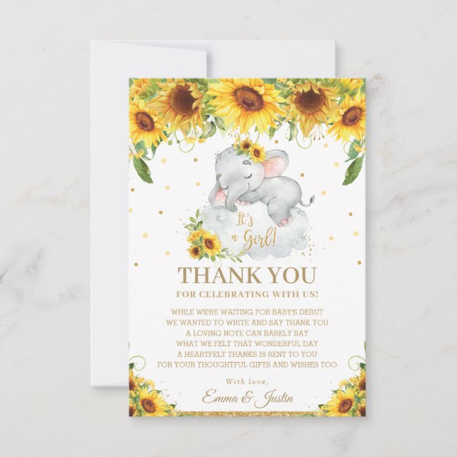 Cute Sleeping Elephant Sunflower Baby Shower Thank You Card (Front)