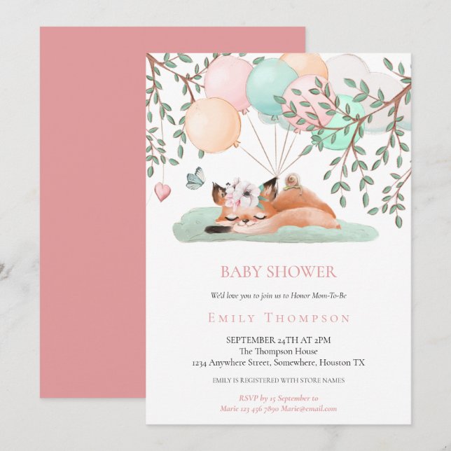 Cute Sleeping Fox Balloon Pink Baby Shower Invitation (Front/Back)