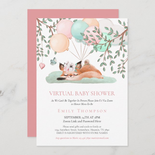 Cute Sleeping Fox Balloon Pink Virtual Baby Shower Invitation (Front/Back)