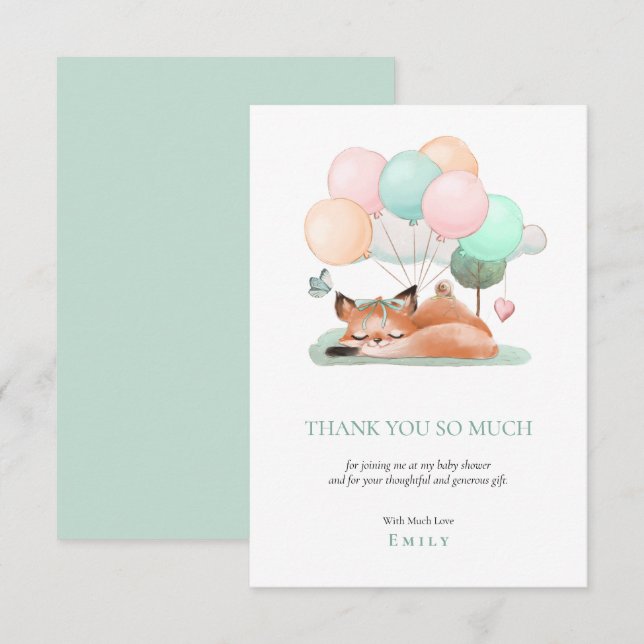 Cute Sleeping Fox Balloons Motif Teal Baby Shower Thank You Card (Front/Back)
