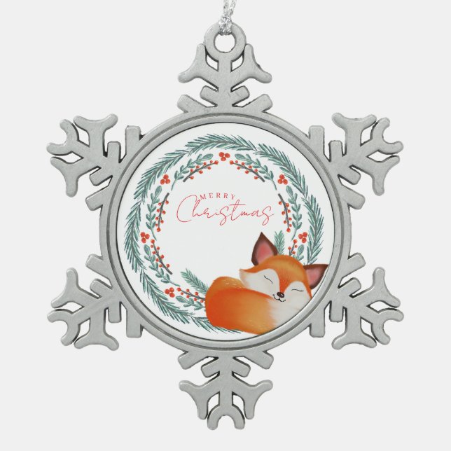 Cute Sleeping Fox Christmas Snowflake Pewter Christmas Ornament (Front)