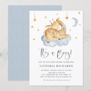 Cute Sleeping Giraffe Blue It's a Boy Baby Shower Invitation