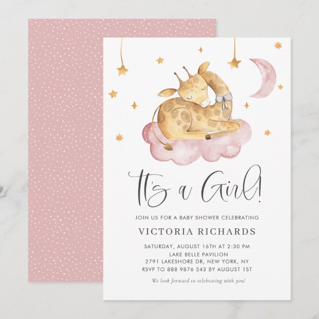 Cute Sleeping Giraffe Pink It's a Girl Baby Shower Invitation (Front/Back)