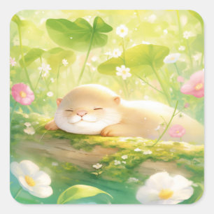 Cute Sleeping Golden Otter on Mossy Log Square Sticker