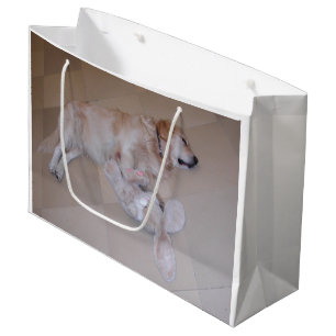Cute Sleeping Golden Retriever With Toy Rabbit Large Gift Bag