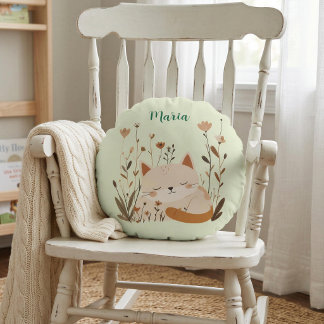 Cute Sleeping Kitten Floral Round Cushion