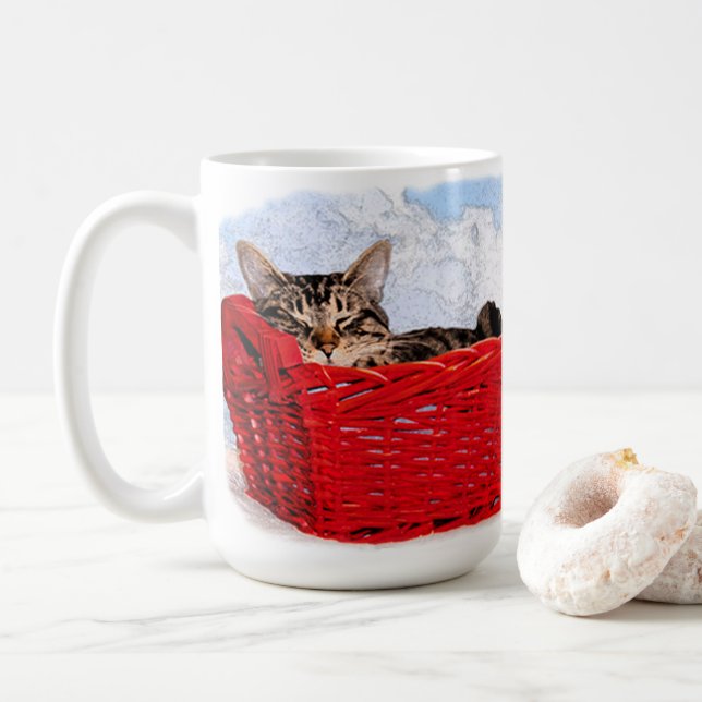 Cute Sleeping Kitten In Bright Red Basket Photo Coffee Mug (With Donut)