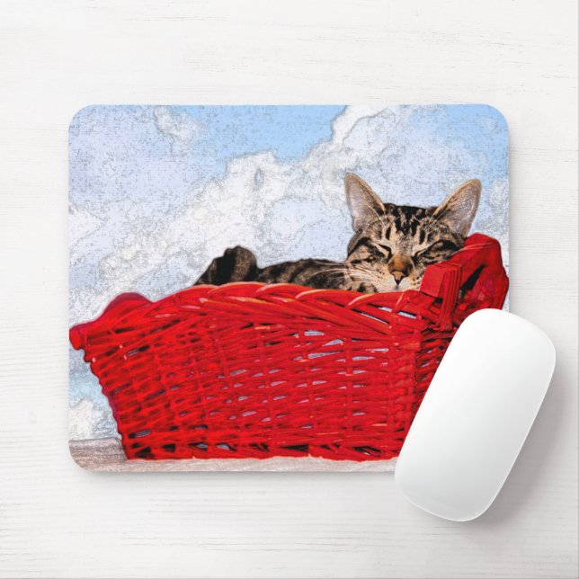 Cute Sleeping Kitten in Bright Red Basket Photo Mouse Mat (With Mouse)