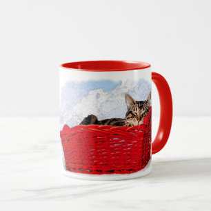 Cute Sleeping Kitten In Bright Red Basket Photo Mug