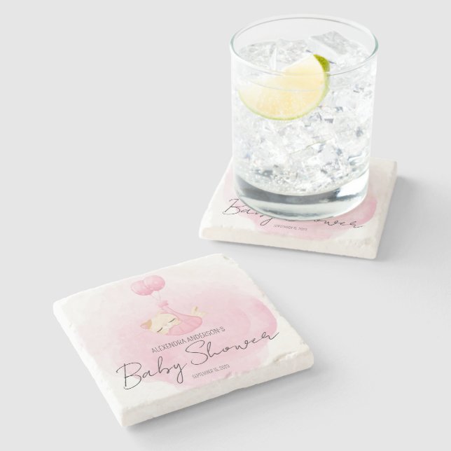 Cute Sleeping Kitten Pink Baby Shower  Stone Coaster (Side)