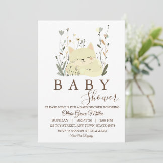 Cute Sleeping Kitten Sage & Pastel Floral Invitation