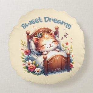 Cute sleeping Kitten Sweet dreams Nursery decor Round Cushion