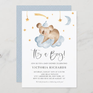 Cute Sleeping Koala Blue It's a Boy Baby Shower Invitation