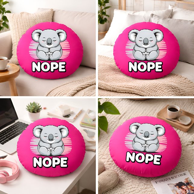 Cute Sleeping Koala “Nope” Funny Cartoon Round Cushion (Creator Uploaded)