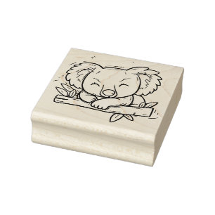 Cute Sleeping Koala on Branch Outline Rubber Stamp