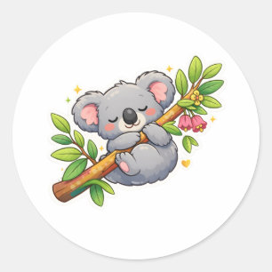 Cute Sleeping Koala on Eucalyptus Branch Kawaii Classic Round Sticker