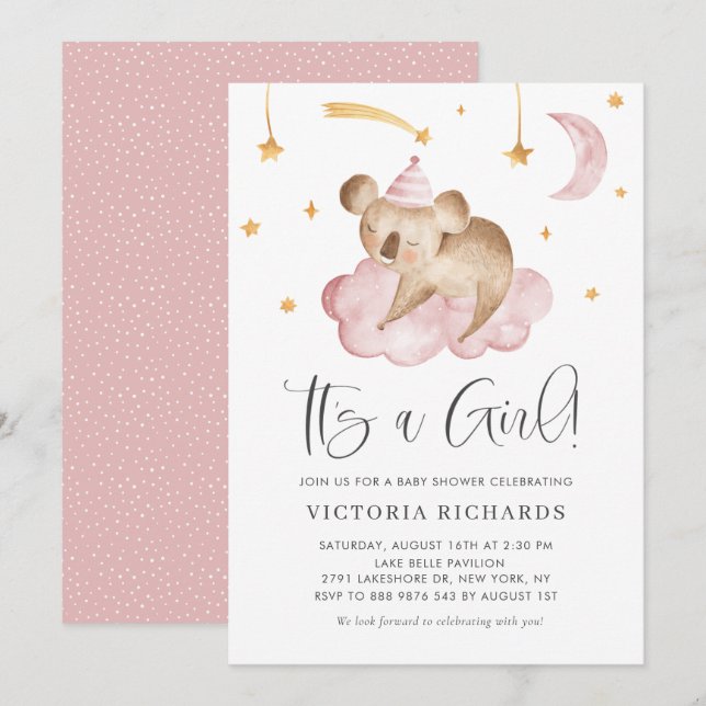Cute Sleeping Koala Pink It's a Girl Baby Shower Invitation (Front/Back)