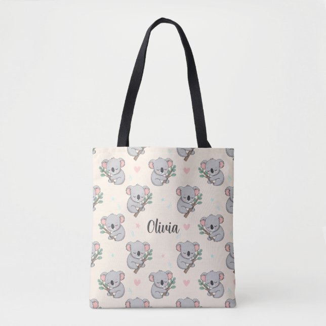 Cute Sleeping Koala with Eucalyptus Pattern Tote Bag (Front)