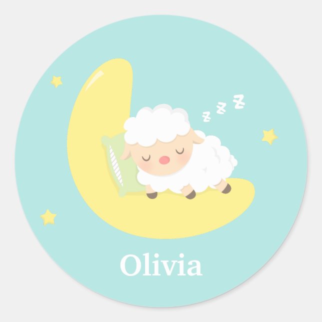 Cute Sleeping Little Lamb on the Moon Classic Round Sticker (Front)