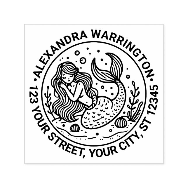 Cute Sleeping Mermaid Name Return Address Self-inking Stamp (Design)
