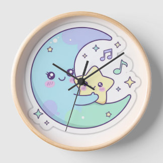 Cute Sleeping Moon and Star Nursery Wall Clock