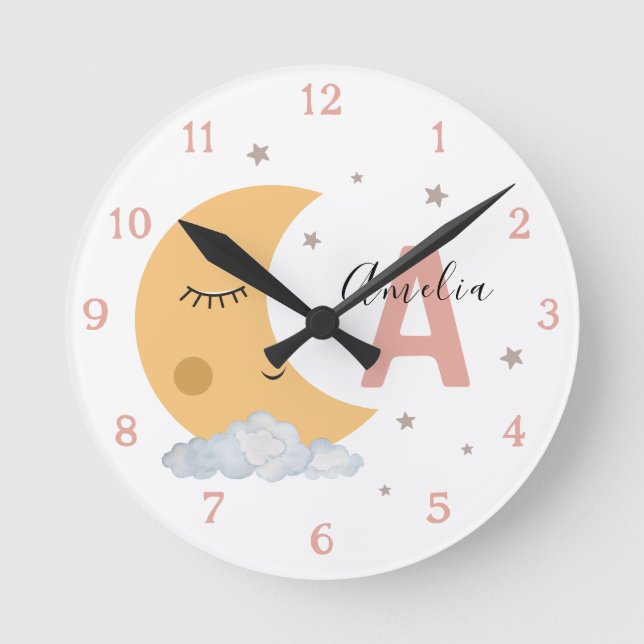 Cute Sleeping Moon Baby Nursery Clock Peach Pink (Front)