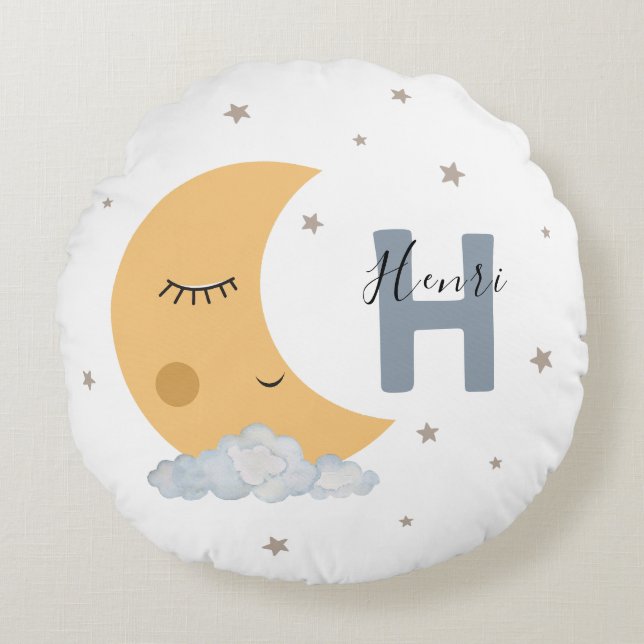 Cute Sleeping Moon Baby Room Pillow Name Initial (Front)