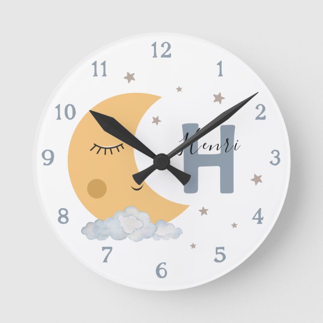 Cute Sleeping Moon Kids Clock with Initial & Name (Front)