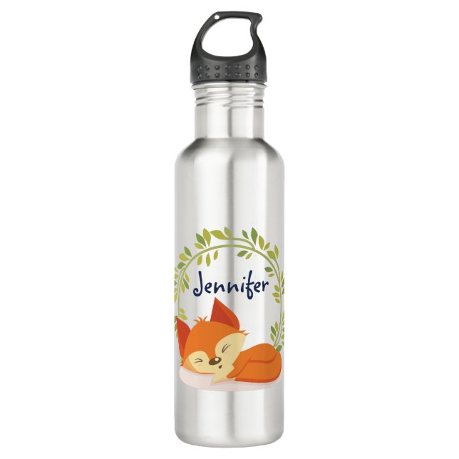 Cute Sleeping Orange Fox with Green Leaves Wreath 710 Ml Water Bottle (Front)