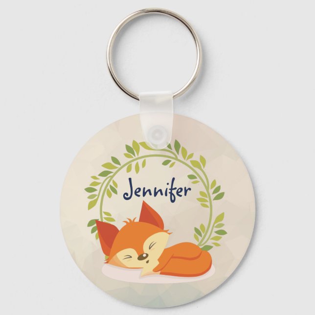 Cute Sleeping Orange Fox with Green Leaves Wreath Key Ring (Front)