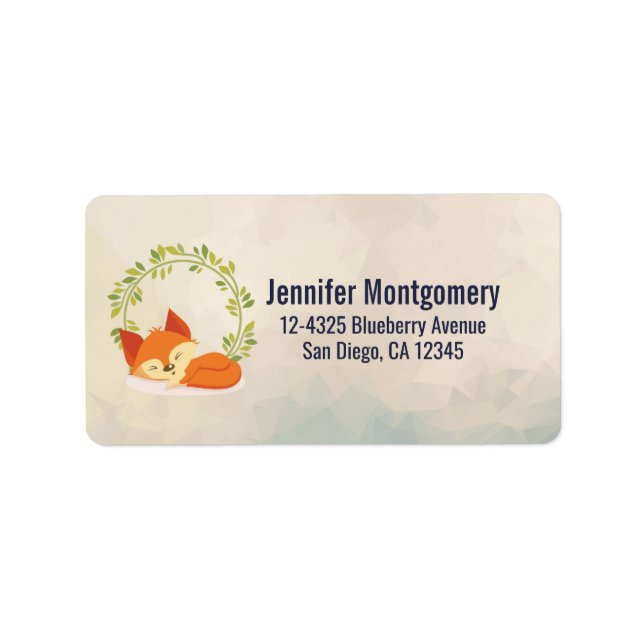 Cute Sleeping Orange Fox with Green Leaves Wreath Label (Front)