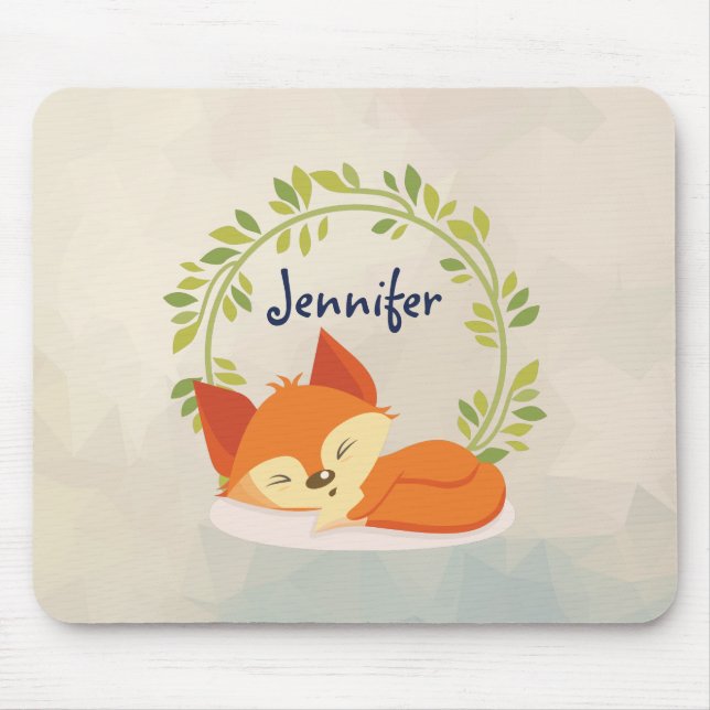 Cute Sleeping Orange Fox with Green Leaves Wreath Mouse Mat (Front)