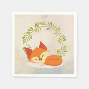 Cute Sleeping Orange Fox with Green Leaves Wreath Napkin