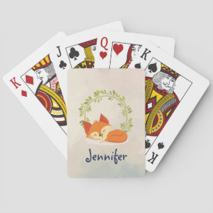 Cute Sleeping Orange Fox with Green Leaves Wreath Playing Cards