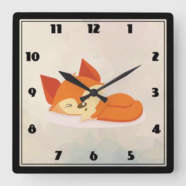 Cute Sleeping Orange Fox with Green Leaves Wreath Square Wall Clock (Front)
