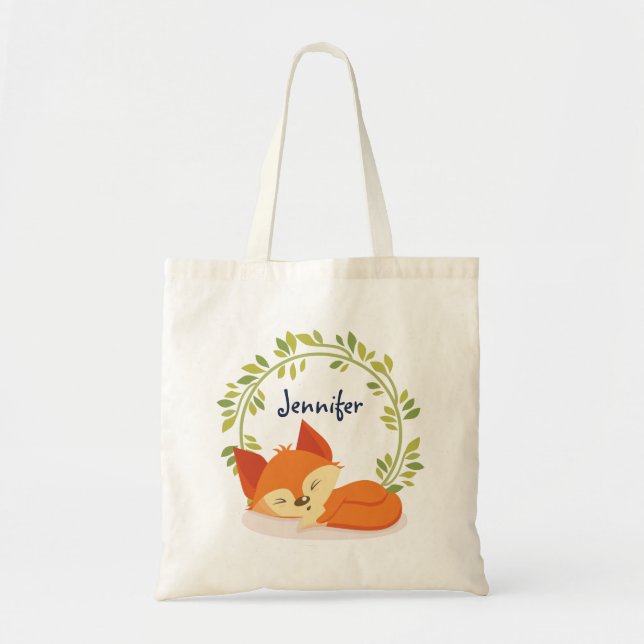 Cute Sleeping Orange Fox with Green Leaves Wreath Tote Bag (Front)