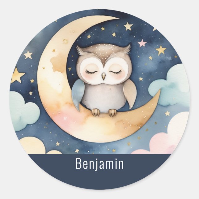 Cute Sleeping Owl on Moon Personalised Name Classic Round Sticker (Front)