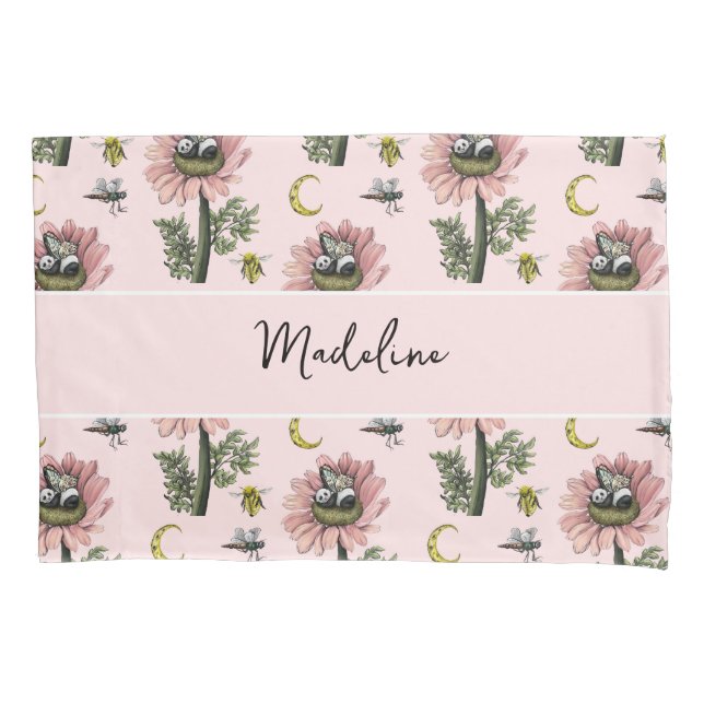 Cute Sleeping Panda Bear Fairy Floral Pattern Pillowcase (Front)