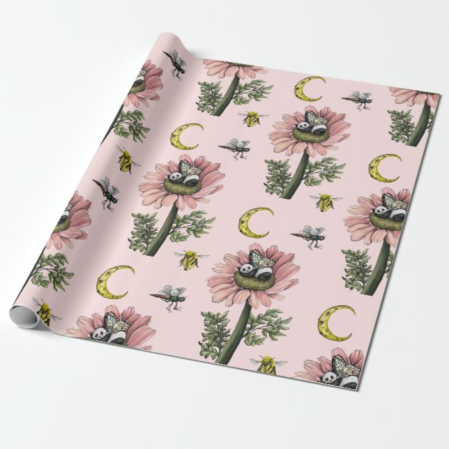 Cute Sleeping Panda Bear Fairy Floral Pattern Wrapping Paper (Unrolled)