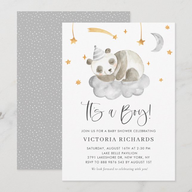 Cute Sleeping Panda Grey It's a Boy Baby Shower Invitation (Front/Back)