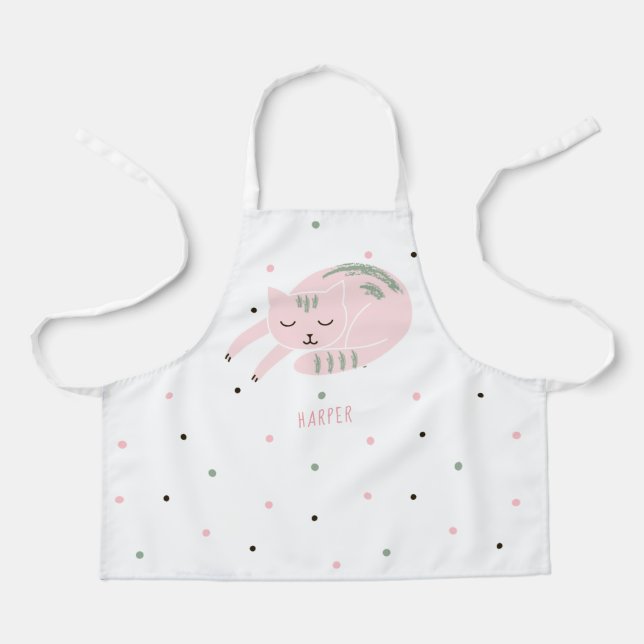 Cute Sleeping Pink Cat Personalised Apron (Front)