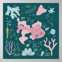 Cute Sleeping Pink Fish Underwater Doodle Poster