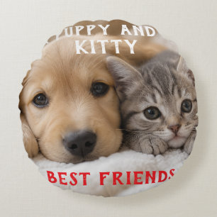 Cute Sleeping Puppy and Kitten Cuddle Round Cushion