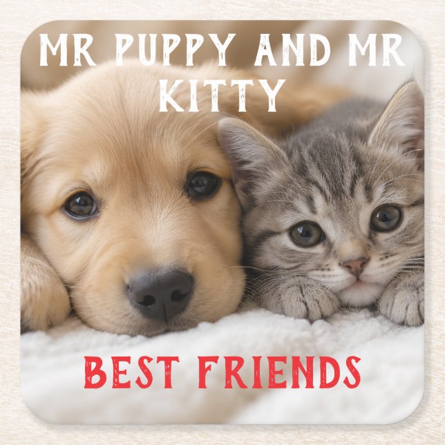 Cute Sleeping Puppy and Kitten Cuddle Square Paper Coaster (Front)